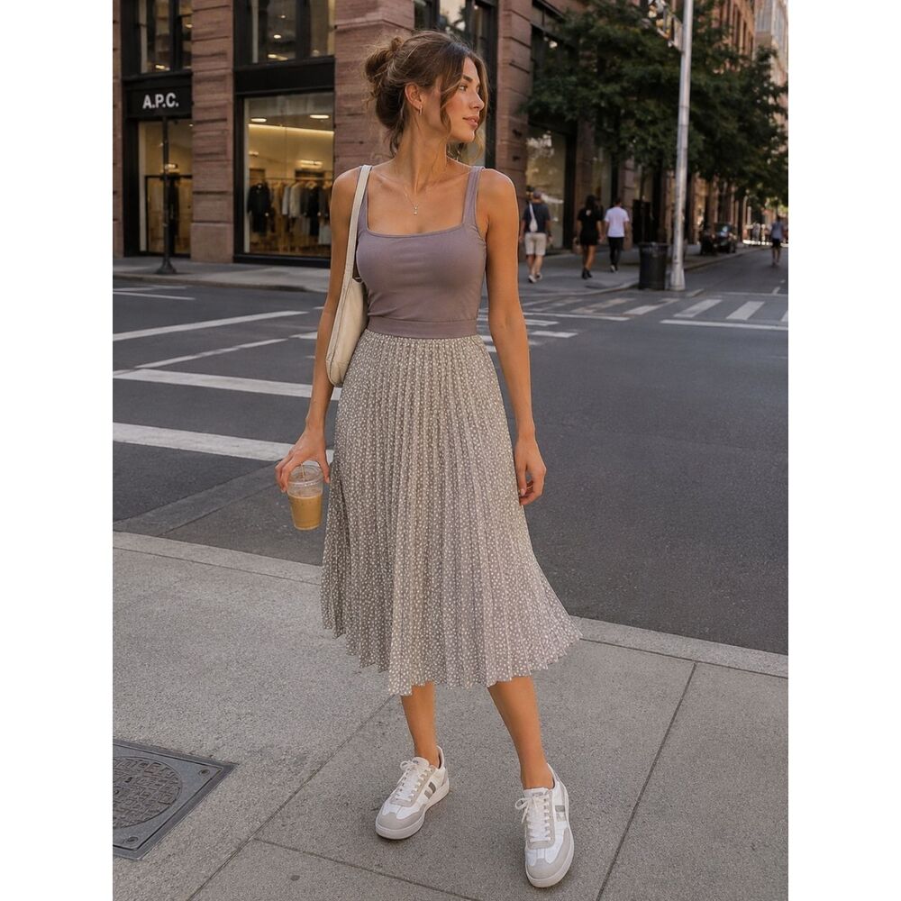 Vince Camuto Tan Polka Dot Midi Knife Pleated Skirt XS